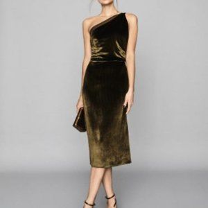 Reiss Eden Velvet One Shoulder Khaki dress, size US8